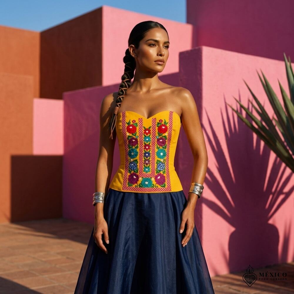 Mexican Embroidered Cotton Manta Corset Top – Handmade Floral Artisan Blouse